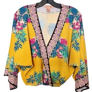 2/$25 Flying Tomato Yellow Tropical Floral Vacation Beach Resort Wrap Blouse M